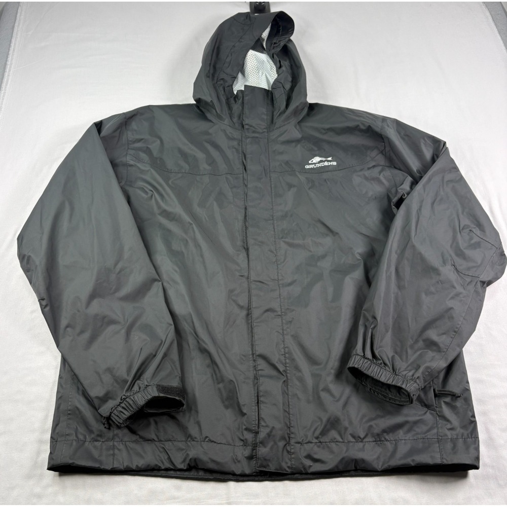 Grundens Rain Jacket Mens XL Black Full Zip Waterproof Outdoor Hooded